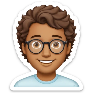 hombre moreno claro, con lentes redondos, sin barba, con cabello lacio ondulado hacía un lado y feliz sticker