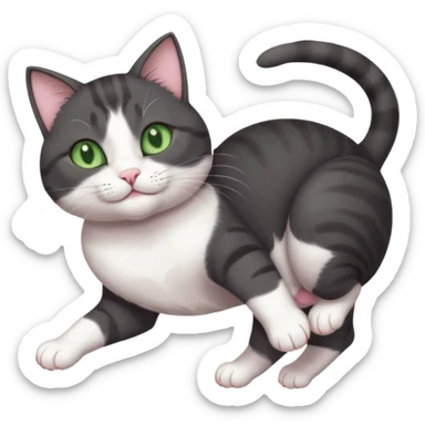 beautiful female solid dark grey cat with green eyes, white toes/paws and white patch on her chest playfully rolling upside down sticker