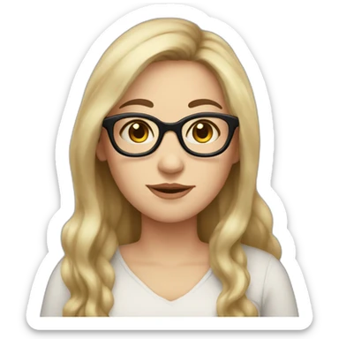 a dark long hair white woman with glasses and a little smile, little chubby, with rose cheeks, sticker
