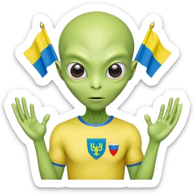 Green alien in Shirt 👚 with 🇺🇦  and 🇷🇺 Russia flag sticker