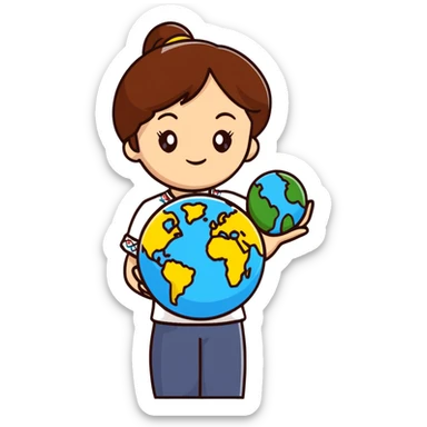 Beautiful young girl with brown hair wearing a white Ukrainian embroidered shirt holding a globe in her hand sticker
