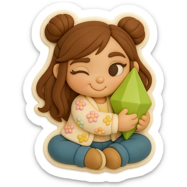 3D chibi fondant cake art style, high-quality rendering with smooth shadows and soft gradients. Girl based on reference image with preserved facial features and eye shape, long brown hair in two space buns, brown eyes, jeans, pastel floral cardigan, shoes, thick white outline like a sticker, transparent background. Expression: Flirty, sitting in lotus pose, hugging a Plumbob and pressing her cheek to it like a kitten. Ensure the face, hairstyle, eye shape, and shoes match the reference exactly. sticker