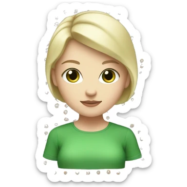 White girl, short blonde hair, green eyes, green shirt  sticker