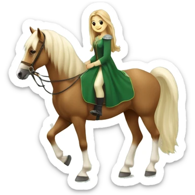 A beautiful majesty Haflinger was riding by a white beautiful girl with brown hair and a forest green princess dress sticker