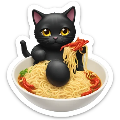 Fluffy black cat eating spicy buldak noodles  sticker
