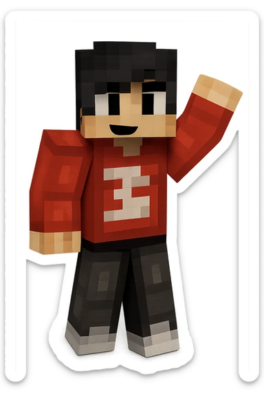 Extract only the fourth character from the left with black hair and red shirt, keep the original Minecraft cartoon style and appearance, place on a transparent background. sticker