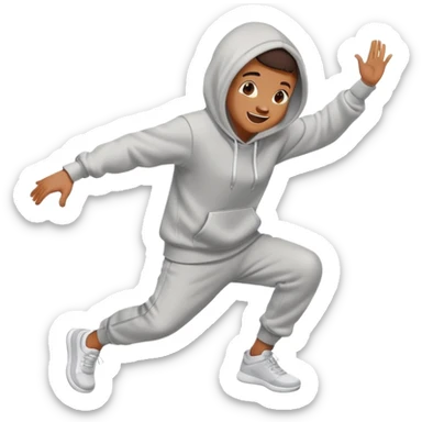 a person dancing energetically wearing a hoodie with a cheerful expression sticker