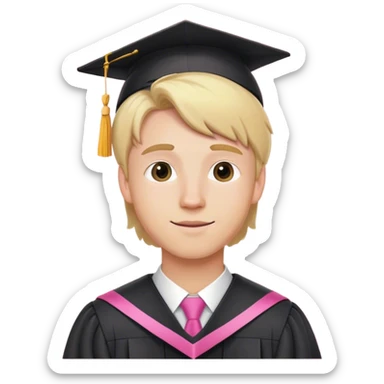 A young white man with blonde hair who has graduated, with a pink theme sticker