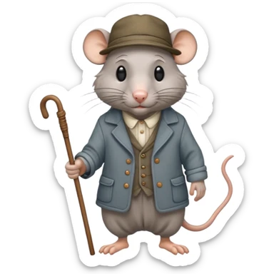 Old rat with wrinkles walking with old clothes and a cane  sticker