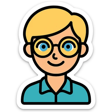 blonde teacher with pixie haircut, gold glasses, blue eyes, big eyelashes, nice smile icon-color-outlined style sticker