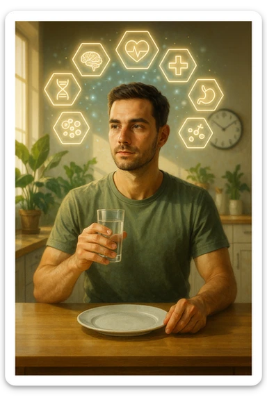 A realistic, cinematic illustration of a healthy, calm man in his early 30s sitting in a bright kitchen in the morning, with an empty plate in front of him and a glass of water in his hand, looking serene and focused. Behind him, the background shows subtle symbols of health: green plants, sunlight streaming in, and a blurred wall clock showing 10:00, symbolizing the fasting window. Above the man, a translucent overlay of medical icons (heart, brain, DNA strand) glows softly, illustrating that intermittent fasting acts as a powerful medicine, not merely a diet. The color palette is fresh and natural, emphasizing health, clarity, and focus. The style is realistic with slight cinematic tones, conveying that the man is using intermittent fasting as a tool for cellular regeneration, inflammation reduction, and health optimization rather than weight loss sticker