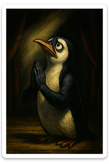 a stylized penguin, hands together in prayer, dramatic pose, eyes looking up, emotional and expressive, theatrical lighting, stage-like background sticker