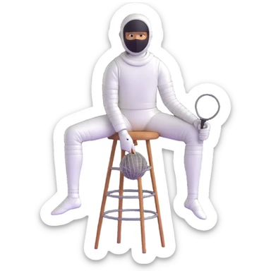 epee fencer sitting on a stool with fencing mask under arm waiting for match sticker
