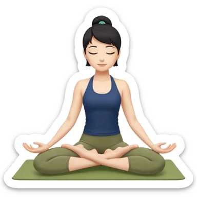 키는 작은편이고 앞머리 없는 단발머리야. 옆머리는 있고 요가를 좋아해. 남색 홀터넥을 많이 입고 민트색 요가바지를 자주 입어. 머리색은 검정색이고 하타요가를 좋아해. 바지색은 연한 연두색이고 요가매트는 카키색이야. 시르사파다 자세를 하고 있어. sticker