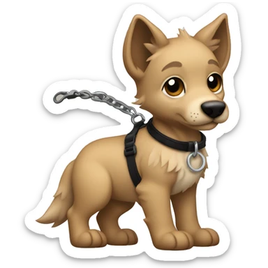 4 short legs a light brown puppy-like wolf with black hair on its ears with black leash  is walking sticker