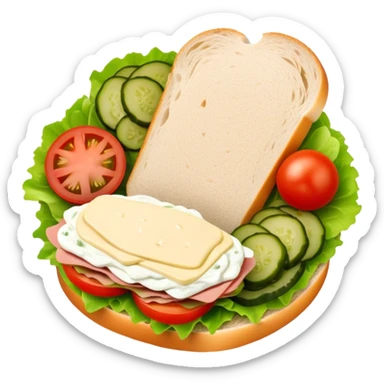 sandwich with turkey, lettuce, pickles, mayonnaise, and tomatoes top-down view sticker