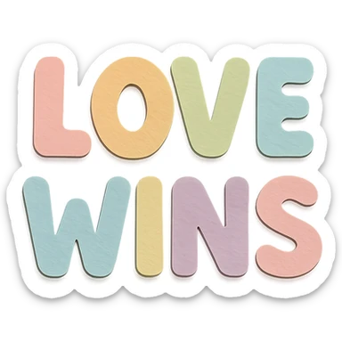"Love Wins" in soft pastel rainbow soft bubble letters, kawaii rounded text, no border, transparent background sticker