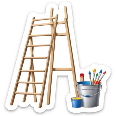 Wall painting icon, an unfinished art painting on the wal, no frame, visible paintbrushes, rollers, and a bucket of paint, wooden ladder beside, minimalistic style, clean lines, transparent background. sticker