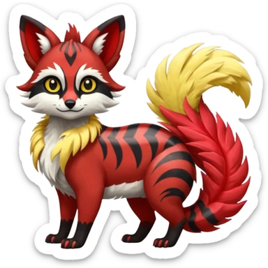 Futuristic sanguine-red banana-yellow black chevron-marked furry fluffy floofy feathery tribal marked Genet-Absol-Kyurem-Zeraora-Primagen-fusion-creature  sticker
