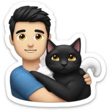 a man dark hair hug a white and black cat sticker