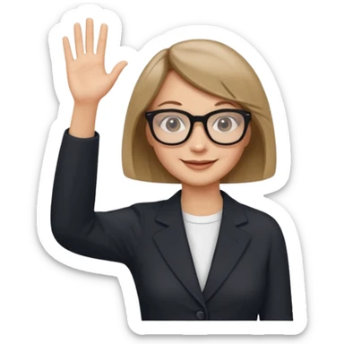 woman dark blonde petite bob haircut wears dark squarish glasses, classic clothes, smiling, waving, a tad older sticker