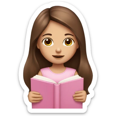 fair-skinned girl with long and straight brown hair holding a baby-pink-colored book sticker