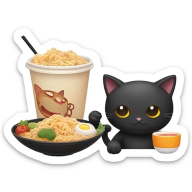 black cat eating ramen noodles and bubble tea beside sticker