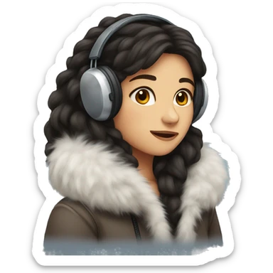 Winter girl long dark hair fluffy earmuffs  sticker