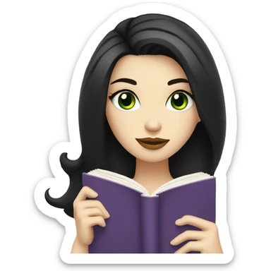 a white girl with black hair and green eyes, reading a book holding a mug of coffee sticker