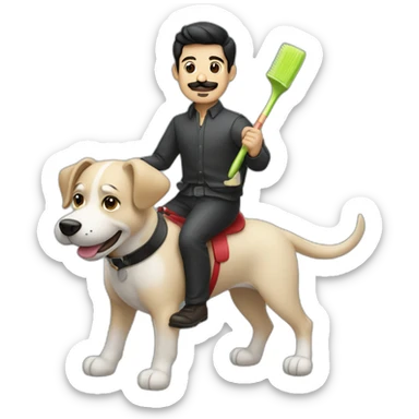 Men with short black hair and toothbrush moustache riding a dog sticker