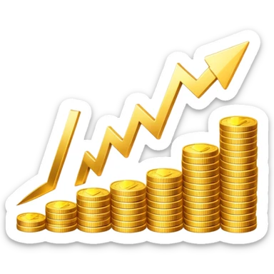 upward arrow next to gradually increasing stacks of gold coins, showing progression sticker