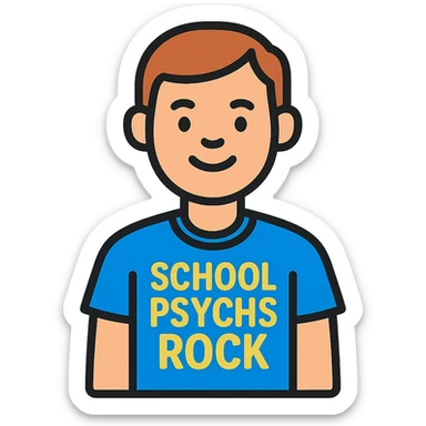 color outline icon of a person in a t-shirt that says 'school psychs rock', friendly and approachable, clear text, modern icon style sticker