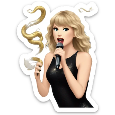 Taylor Swift singing into microphone wearing black sparkling leotard with gold snakes sticker