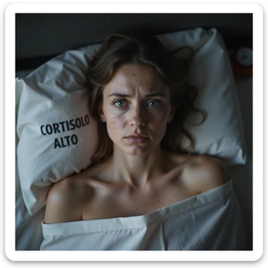 woman with PCOS and high cortisol, face with acne and chin hair, thin hair, body with abdominal fat accumulation, eyes with dark circles, stressed expression, sheet with the text 'CORTISOLO ALTO', clock showing late evening, hyperrealistic 4K details, home environment sticker