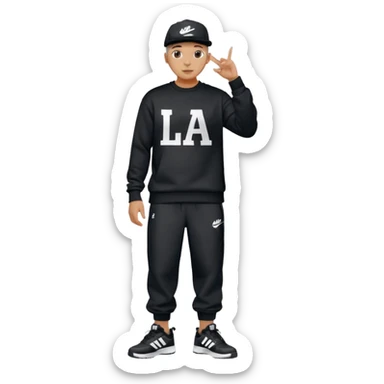 Crea Un Emoji De Cuerpo Completo Que Sea Hombre Con Corte Alucin Que Tenga Gorra Nike, Suéter Negro Que Tenga La Letras LA El La Parte Del Corazón, Zapatos Adidas Con Una Palomita✅, Pantalón Ancho O Bellaco Con Unos Diseños De Palomas Blancas Y Asiendo Una Pose Con Su Mano Que Sea Está 🤙🏽. sticker