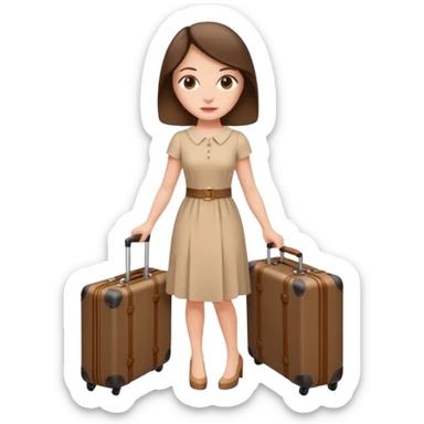 White woman in beige dress brunette with a suitcase LV sticker