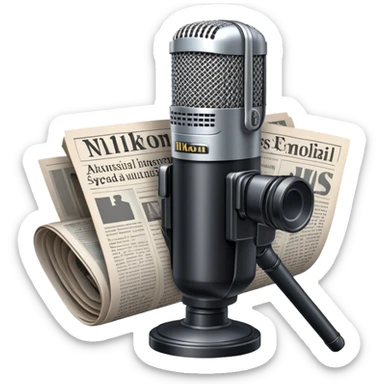 An icon featuring a microphone, a newspaper, a professional camera Nikon D5, representing journalism and mass media. The design includes headlines and imagery, symbolizing the spread of news and information. Transparent background highlights the power of communication and media. sticker