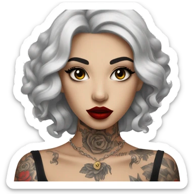Pale black haired girl with black tattoos on body wearing red lipstick  sticker