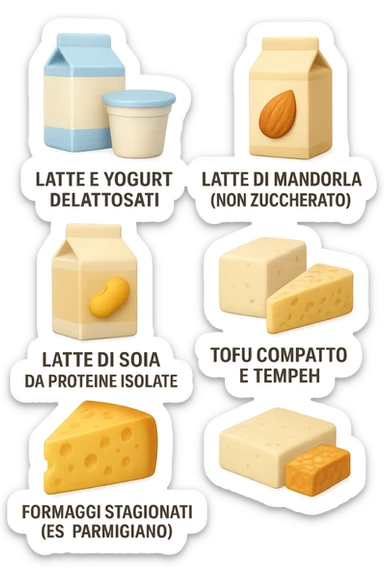 emoji stile iphone 3d di questi elementi che fluttuano in aria:

Latte e yogurt delattosati
Latte di mandorla (non zuccherato)
Latte di soia da proteine isolate
Formaggi stagionati (es. parmigiano)
Tofu compatto e tempeh
 che fluttuano in aria,  le etichette scrivile in italiano, iperealistico 4k sticker