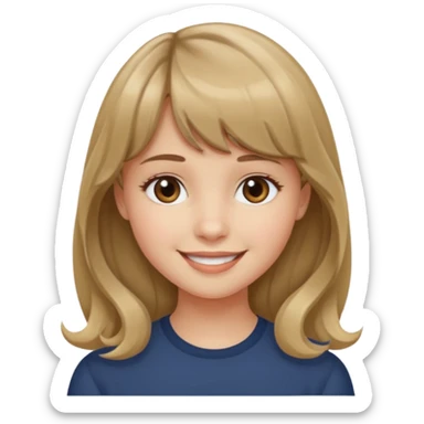 A girl with wavy, dark blonde hair, straight bangs, and straight eyes. She is smiling. sticker