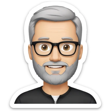 Light-skinned man with short black hair styled upwards, full short graying beard, smiling, wearing large black-framed glasses and a black long-sleeve sports shirt with zip at the neck sticker