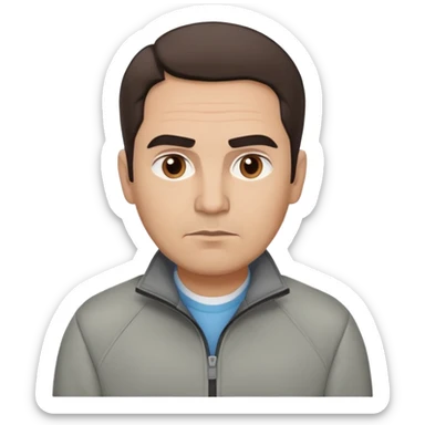 Hispanic actor in his 50s with light skin, round face, wide jaw. Lively brown eyes, thick eyebrows. Short brown hair with receding hairline. Neutral-serious expression. Wearing a casual gray jacket. sticker