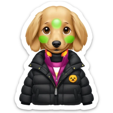 Long hair blonde Daschund dog in huge black puffer  sticker