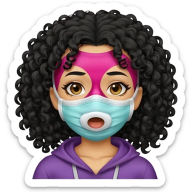 a pretty tan bratz girl with black curly hair. no makeup, looking sick, wearing a mask, coughing sticker
