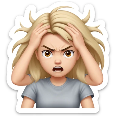 An emoji of a girl’s face pulling her hair, looking very angry, and pulling her hair really hard because she’s extremely mad sticker