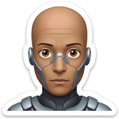 bald dark brown man, vertical half of his face covered in cyborg augmentations sticker