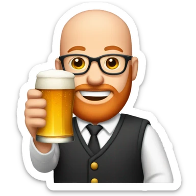 Bald young man with red beard and glasses raising a beer sticker