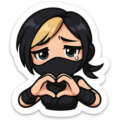 Sexy chibi ninja girl with black short hair and a blonde streak, only head and arms, making a heart gesture with her hands, bold outlines, transparent background, no mask, showing a sad emotion, sized for Twitch emoji use. sticker