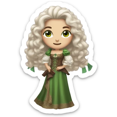 A woman with light skin, with green eyes, brown long wavy hair, dressed in a fantasy dress with fluffy sleeves, holding a bow for shooting sticker