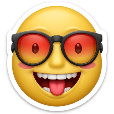 3D emoji character with bright yellow face, wide open smile showing white teeth and red tongue, raised brown eyebrows, and black sunglasses, rendered in a playful and glossy style on transparent background sticker